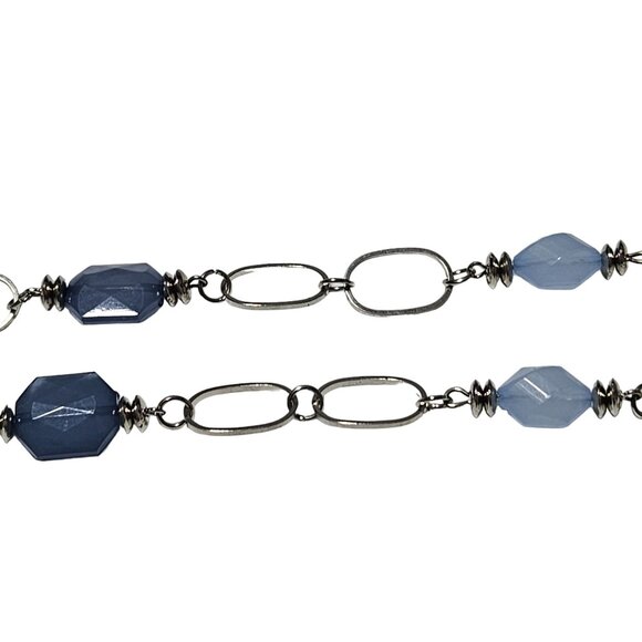 Retro Chunky Blue Beads Silver Tone Chain Statement Necklace Fashion Jewelry - Picture 3 of 6